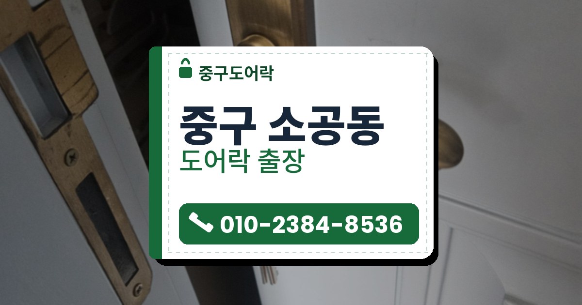 중구 소공동 출장 — 흰 문에 세로로 붙은 황동빛 긴 판, 휘어진 레버와 열쇠가 꽂힌 열쇠 구멍